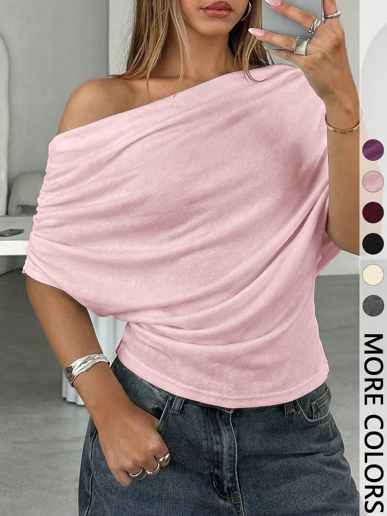 Women's Summer Autumn Plain Asymmetrical Shoulder Batwing Sleeve Knit T-Shirt, Loose Fit Drop Shoulder Short Sleeve Top
