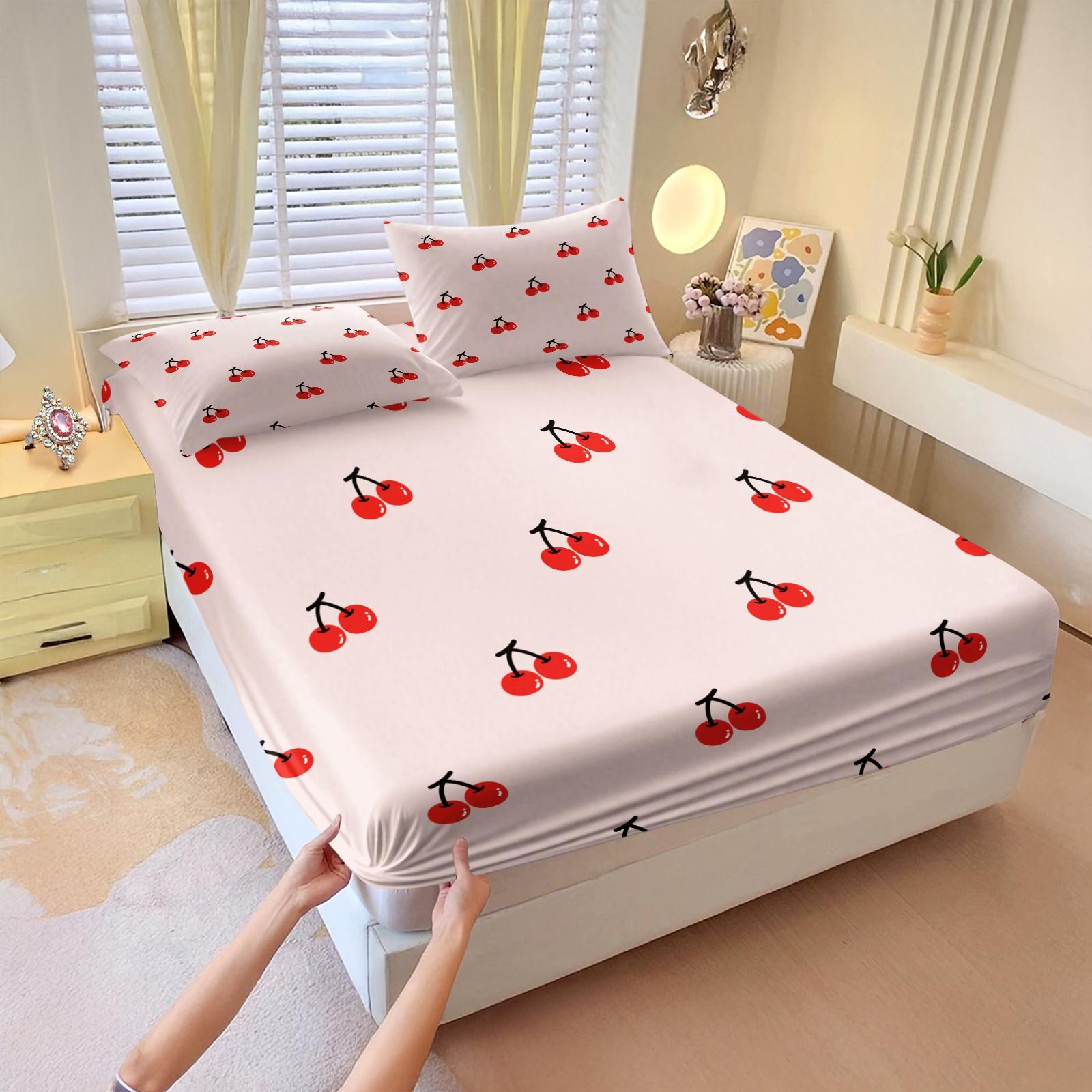Sweet and lovely cherry-print fitted sheet set,Includes 1 Fitted Sheet & 2 Pillowcases without Filler,Fresh and adorable design,Comfortable and soft,Multiple styles available, perfect for stylish bedroom decor.