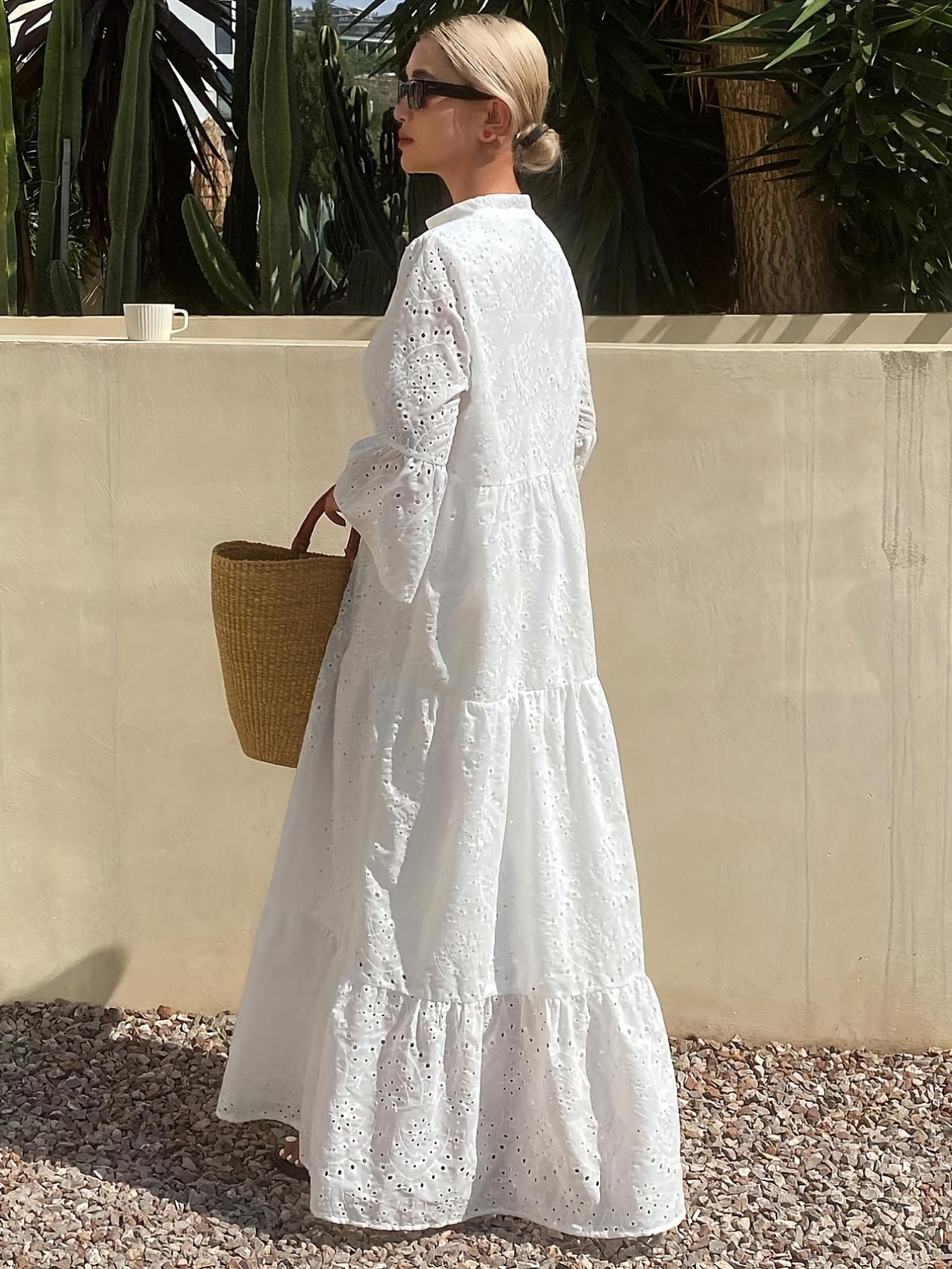 A women's white fashionable French flared sleeve tunic dress with elegant French style, Modest Summer Outfit, suitable for commuting to work, shopping and outdoor activities, indoor and outdoor dressing