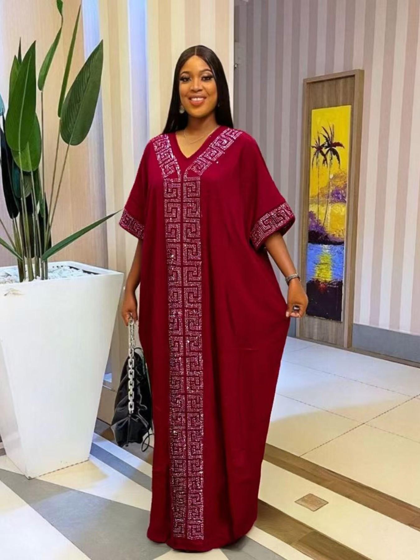 African Nigerian Style Women's Dress, Rhinestone Loose Ethnic Boubou Kaftan, Elegant Solid Color Daily Party Muslim Robe, with Scarf and Pockets 2026