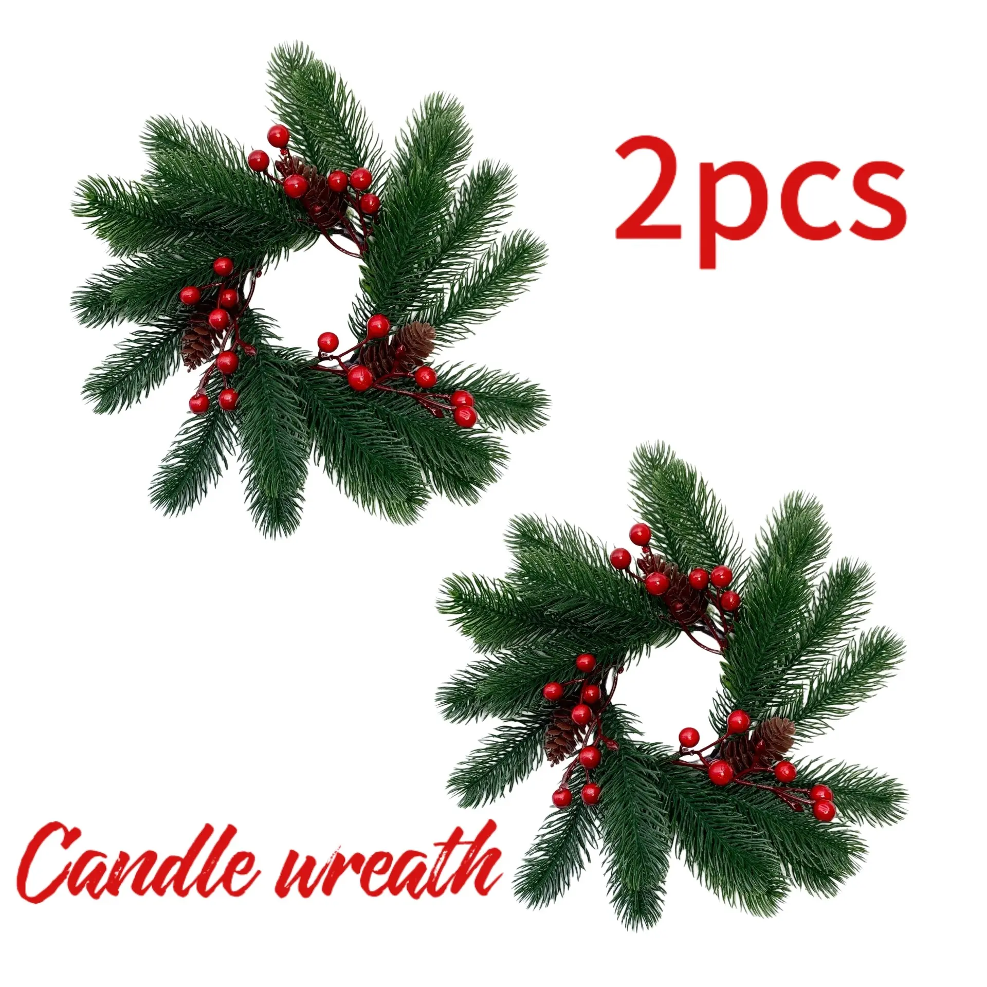 2pcs Mini Artificial Christmas Pine Branch Red Berry Pinecone Candle Wreath, Chair back, Candlestick & Dinner Plate Table decoration, Holiday Ornament, Christmas Eve New Year Party Layout, Gift, Lightweight