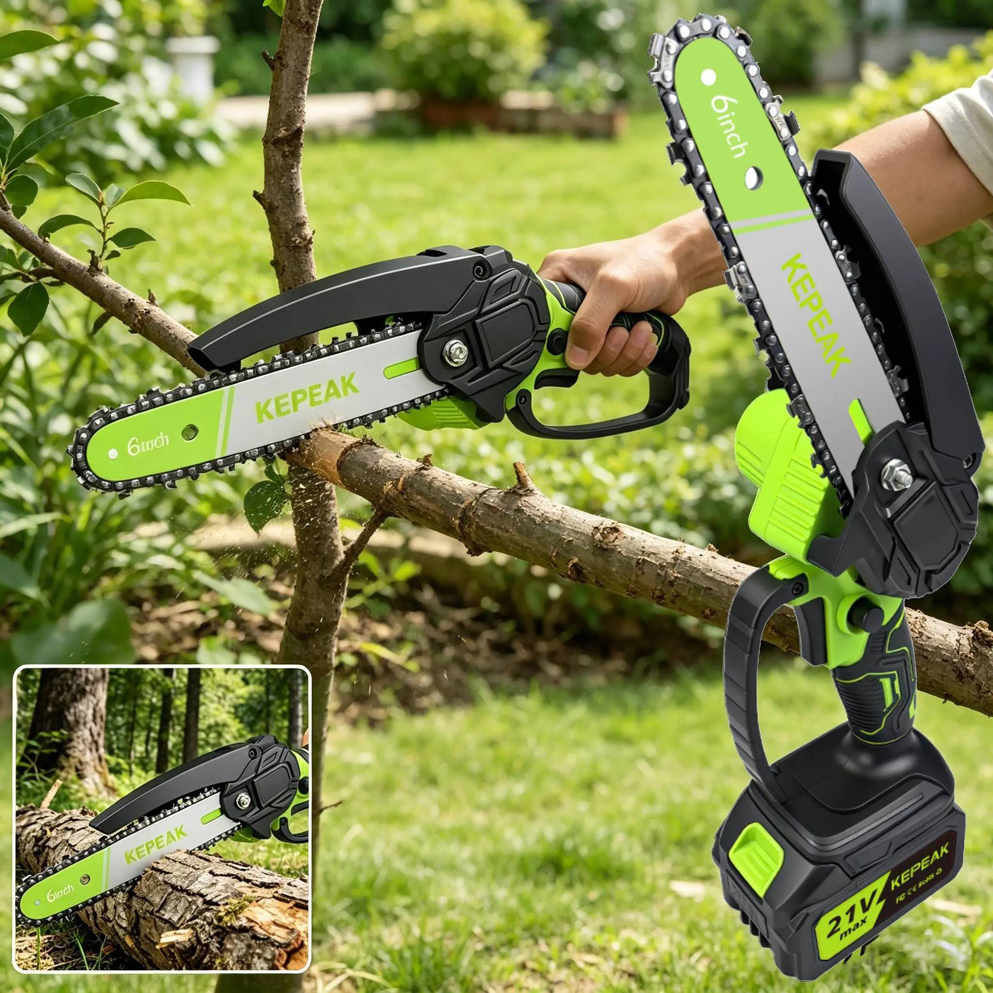 【BackToSchool】6-Inch Cordless Mini Electric Chainsaw, Portable Handheld Steel Power Tool with Batteries and Charger, Hand Guard Cover, Handheld Grip, Multifunction Wood Chainsaw for Tree Trimming, Ideal for DIY Projects