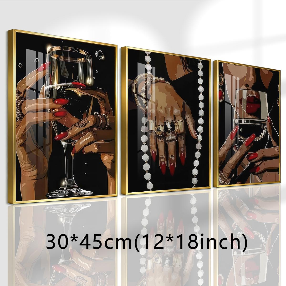 3 Counts Aluminum Alloy Framed Painting, Elegant Woman Hands With Wine Glass And Jewelry Pictures, Home Decoration For Living Room, Bedroom, Office, Restaurant, Hallway Wall Decor, Odorless Print Artwork, Luxury Perfect Gift For Friends And Family