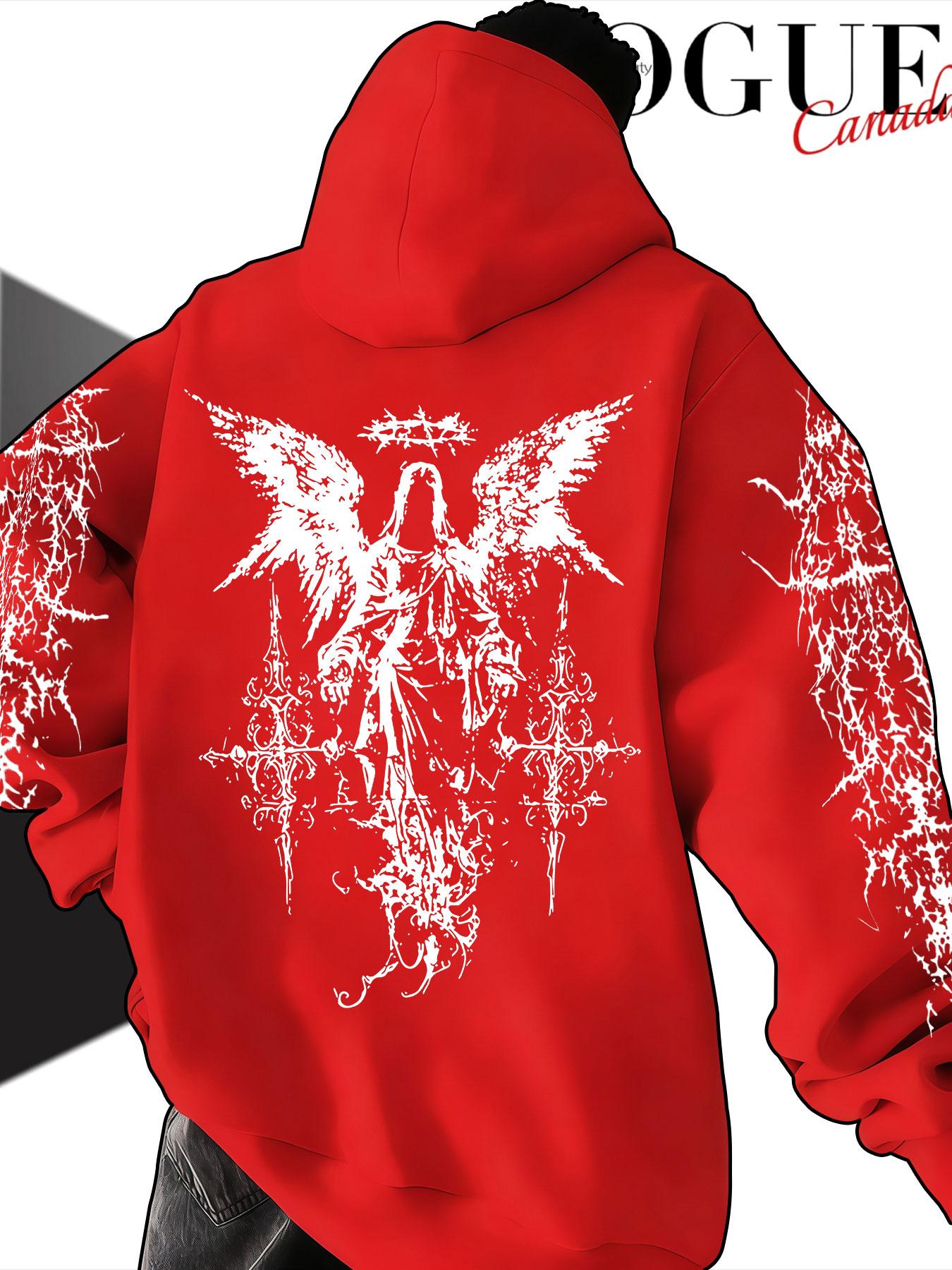 Men's Hooded Sweatshirt Fall Winter, Thorns Angel Cross Print, Gothic Style Loose Fit, Casual Random Pattern, Non-Outer Vest