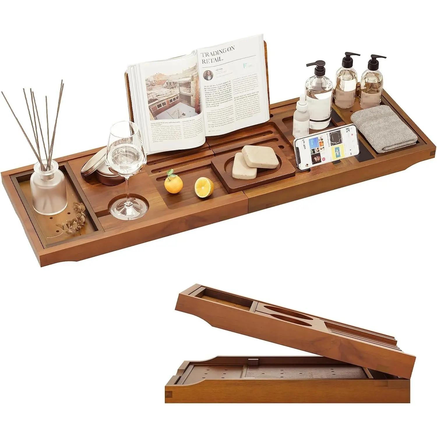 Premium Foldable Teak Bathtub Tray, Expandable Bath Tray for Tub, Luxury Bathtub & Bathroom Accessories