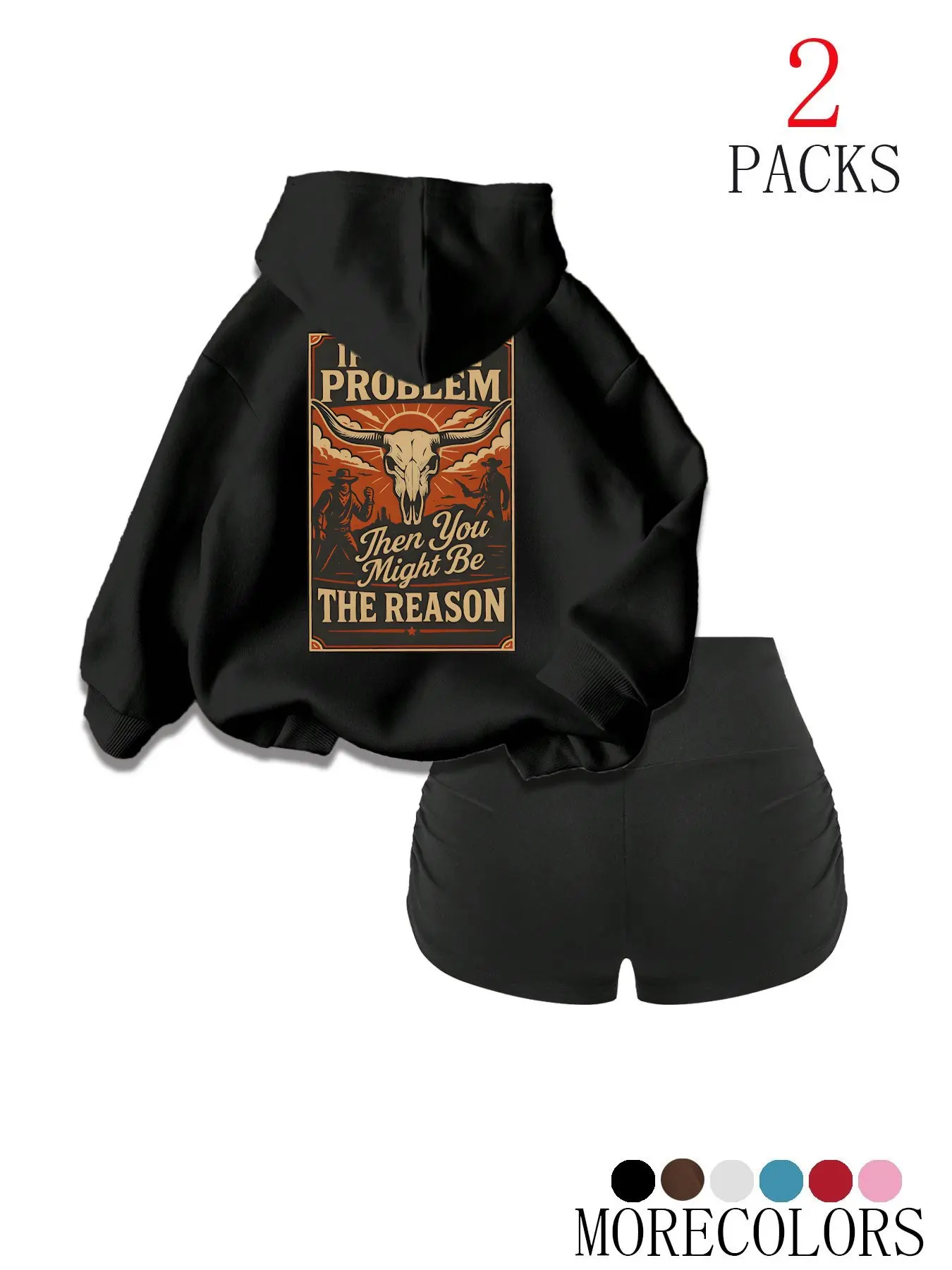 Women's Western Cow Skull Tracksuit, Oversized Hoodie & High Waist Shorts, Vintage Graphic Loungewear, Soft Casual Fall Winter Set
