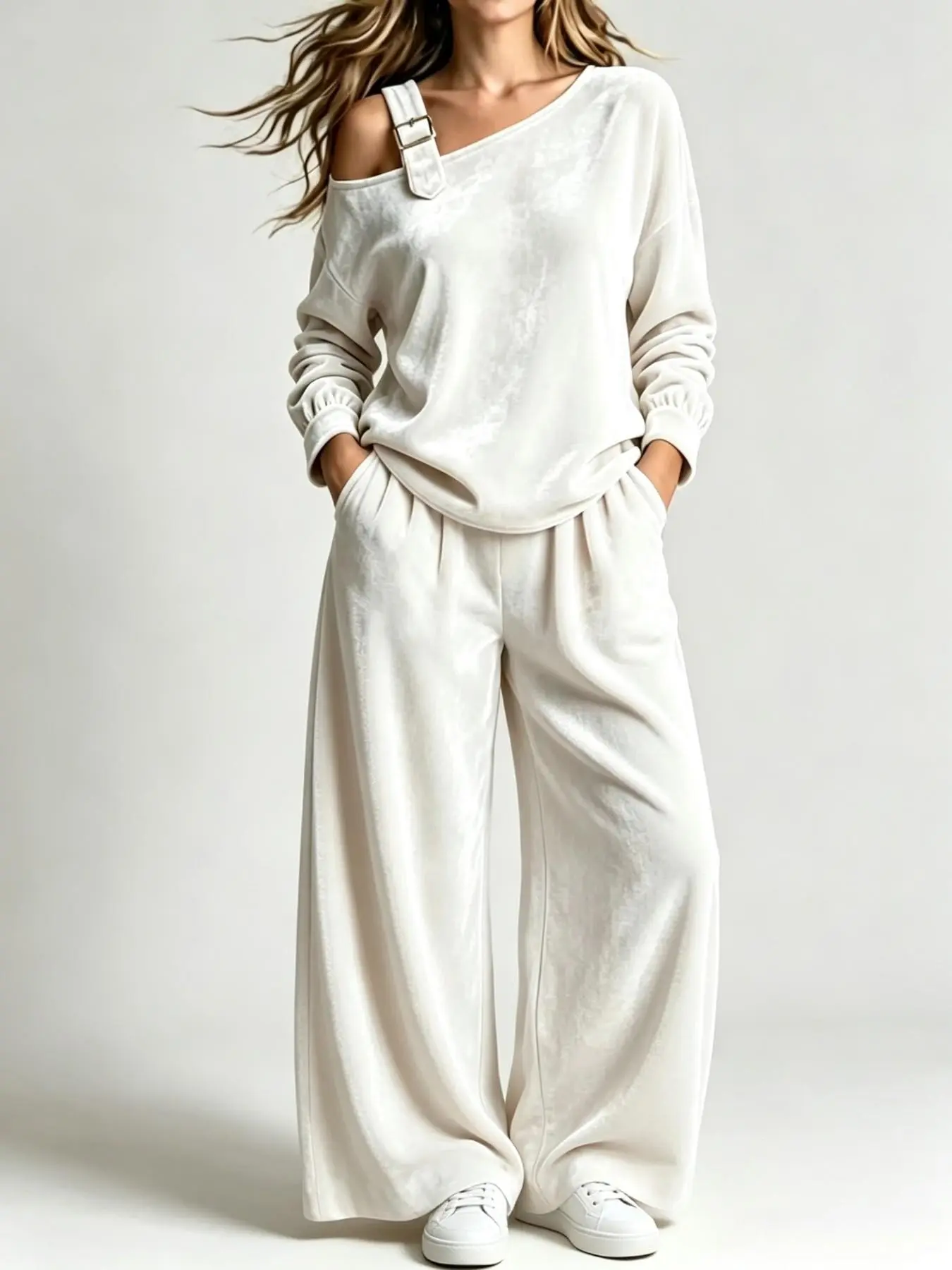 Women's Fashion Casual Two-Piece Set, Loose Velvet Long Sleeve Pants, Fall Winter Streetwear, Daily Wear, Outdoor Fashion