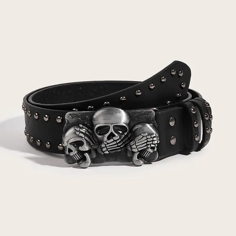 A black studded belt featuring a punk-gothic style and a unique claw-grip skull buckle suitable for both men and women for everyday wear and an ideal gift for men