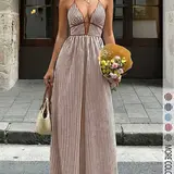 【Black Friday】Women's French Style Casual Striped Halter Dress, Chic Elegant Deep V Neck Waist Cinch Long Dress for Vacation, Beach and Summer Womenswear, Bohemian Style Boho Summer Dresses