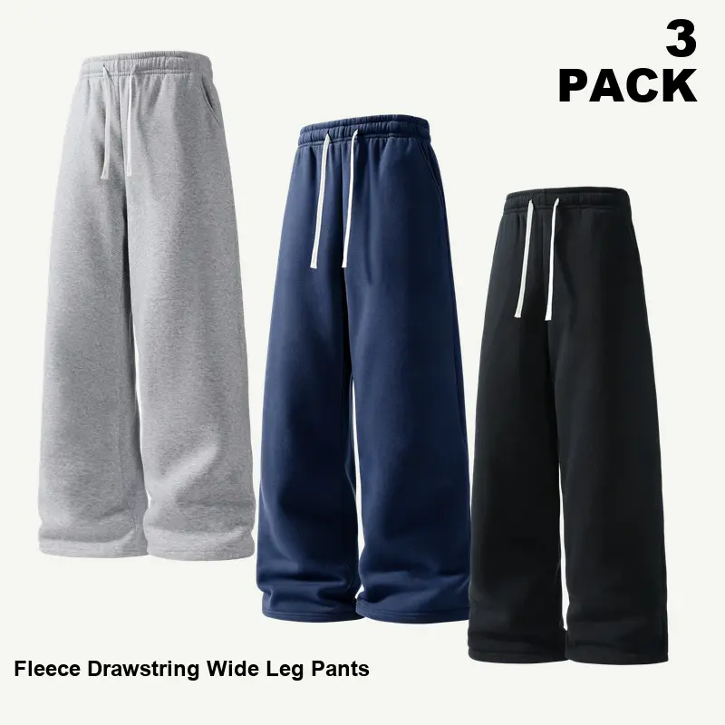 Men's 3-Pack Sweatpants, Full-Length Oversized Wide Leg Streetwear Chic Fleece Blend Pants with High Drawstring Waist and Pockets, Male, Gym Loungewear, Loose-Fit