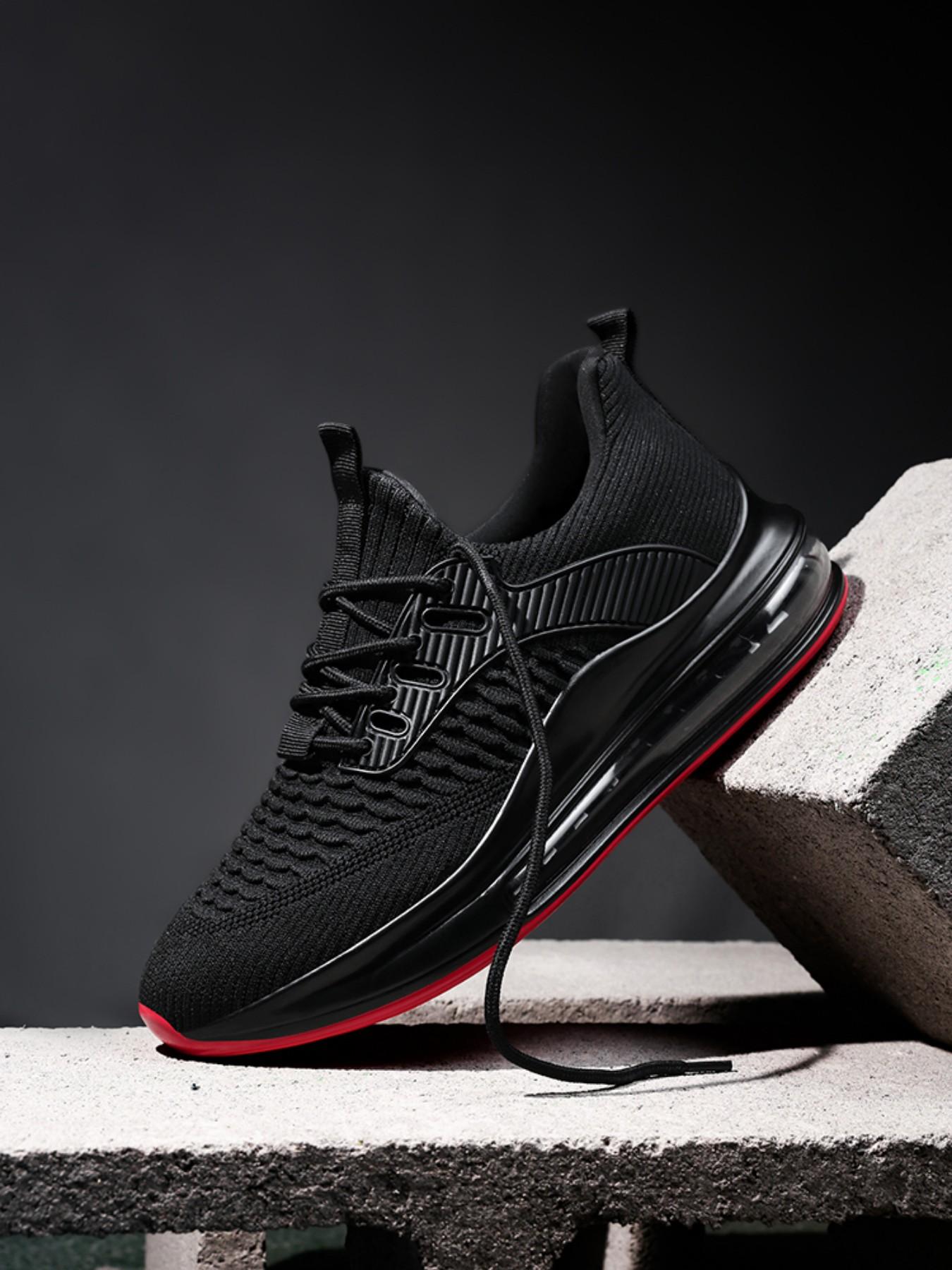 New Fish Scale Full Sole Air Cushion Running Shoes, Men's Flyknit Breathable Sport Shoes, Thick Sole Shock Absorption Casual Shoes