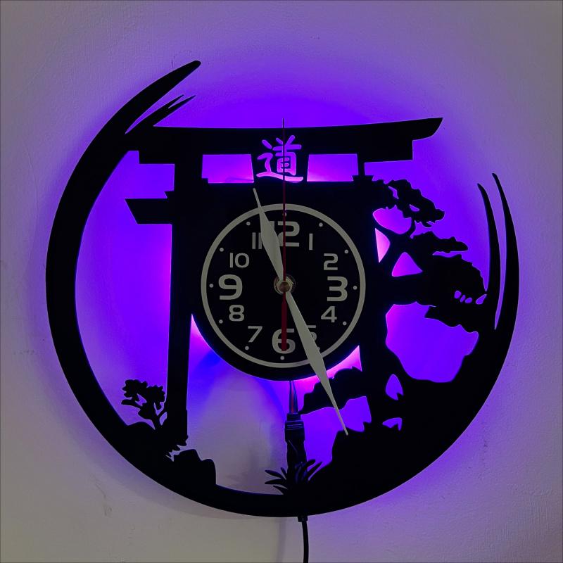 Art Deco Japanese Bonsai Tree Torii Gate Vinyl Record Wall Clock 7 Color LED Lights Indoor Outdoor Elegant Decor (Battery Not Included)