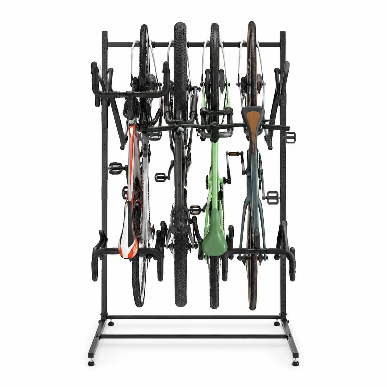Freestanding 5-Bike Vertical Storage Rack, Heavy-Duty Steel Bicycle Organizer with 300 lb Total Capacity, Adjustable Height and Hook Spacing, PVC-Coated Wheel Hooks, Pin Locks and Leveling Feet for Garage, Basement, Apartment, Shop and Indoor Bike Storage