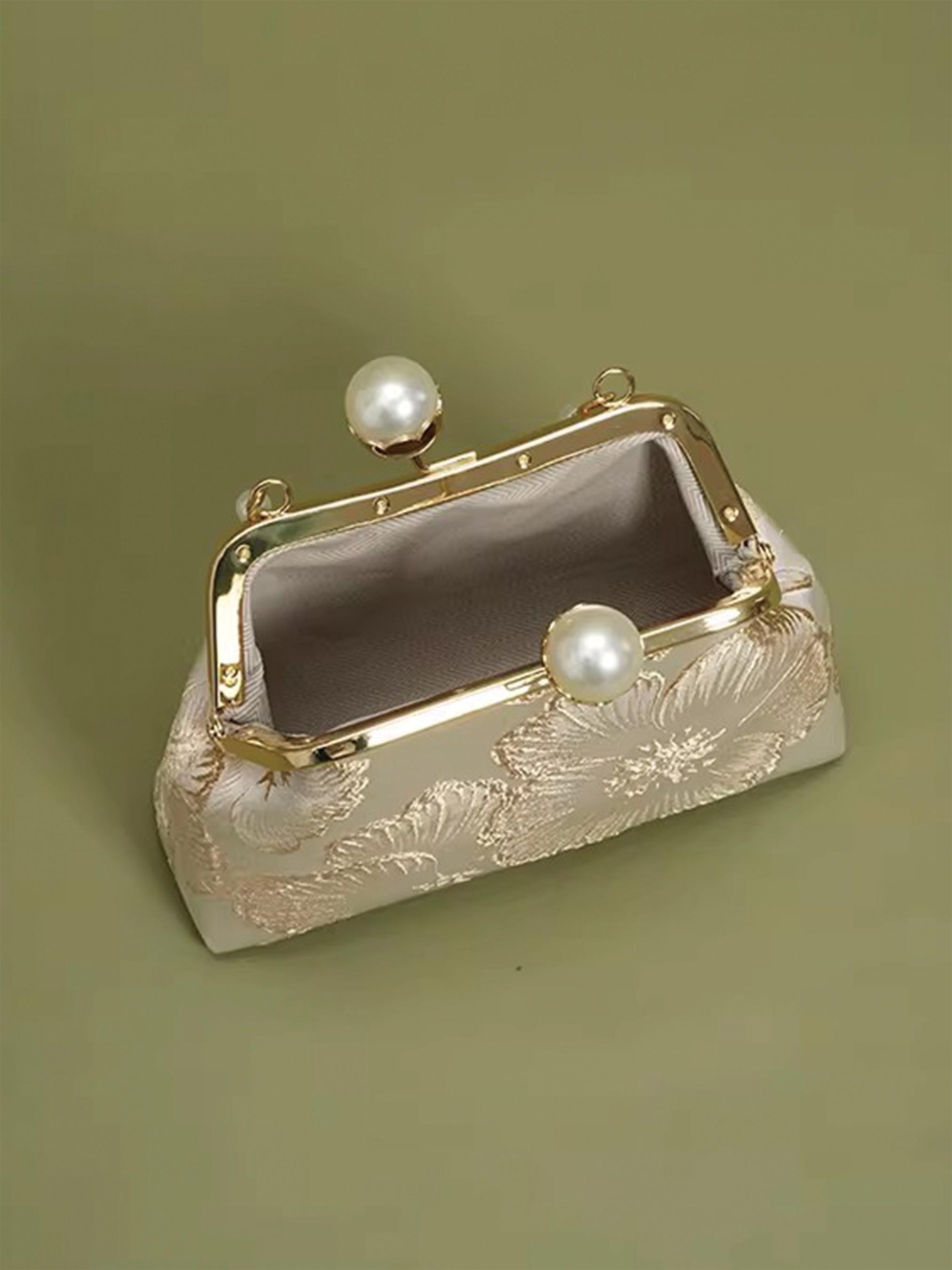 Elegant Embroidered Clutch Bag for Women, Vintage Evening Bag with Pearl Chain and Ginkgo Pattern, Perfect for Weddings and Parties