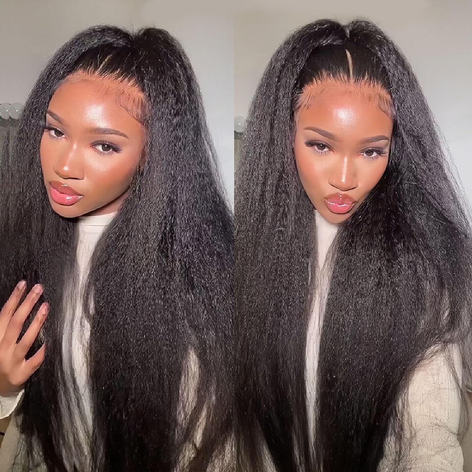 Bling Hair Kinky Straight Lace Front Wigs 13x6 360 Lace Frontal Wig Real Human Hair Pre Plucked With Baby Hair 180% Density Yaki Straight Transparent HD Glueless Lace Wig Human Hair Wigs For Women SpringStatements