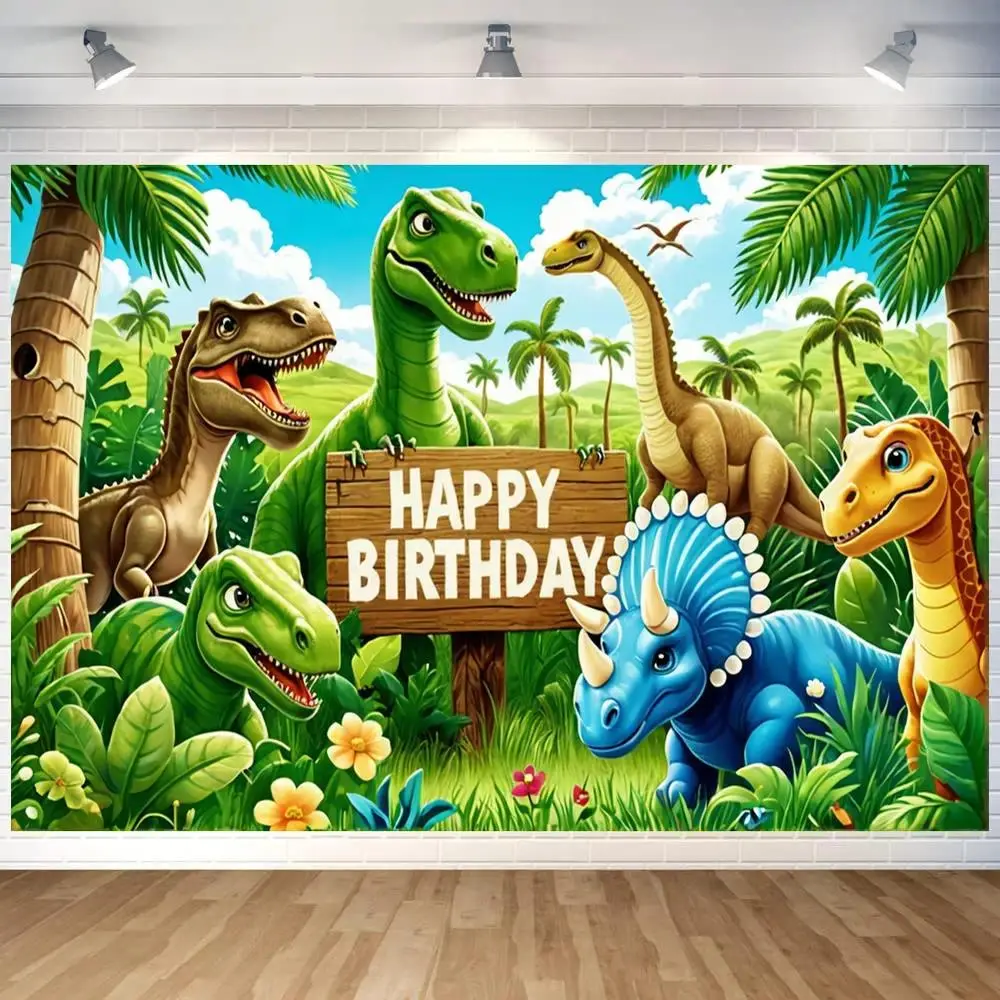 Dinosaur Jungle Birthday Party Backdrop Polyester Photo Booth Background Kids Birthday Party Banner Backdrop Kid Room Photo Prop