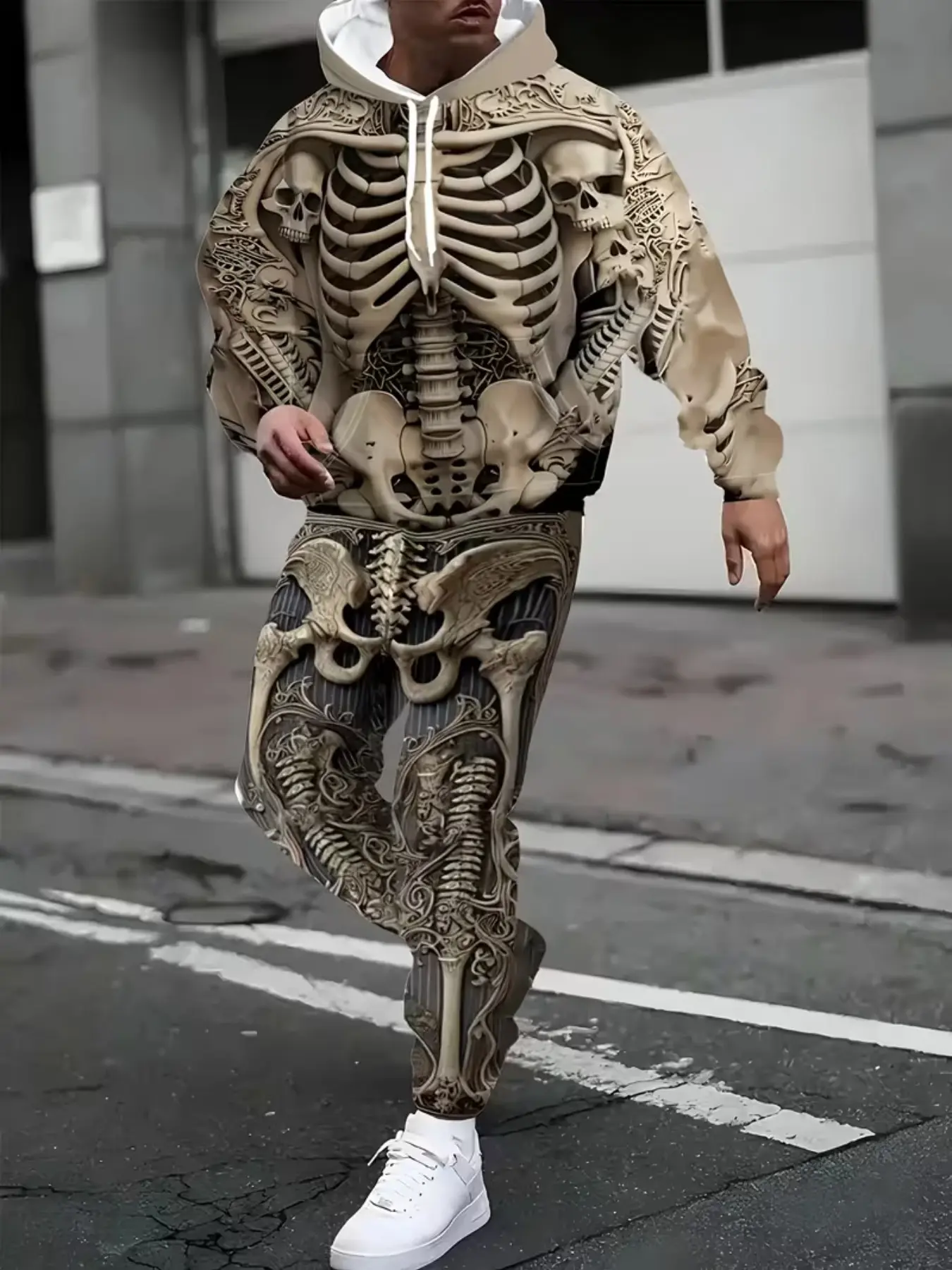 Men's vintage distressed skeleton print hoodie set, distressed dark yellow with human chest rib pattern, hoodie and pants two-piece set, Halloween dark streetwear trendy men's clothing, All Over Print