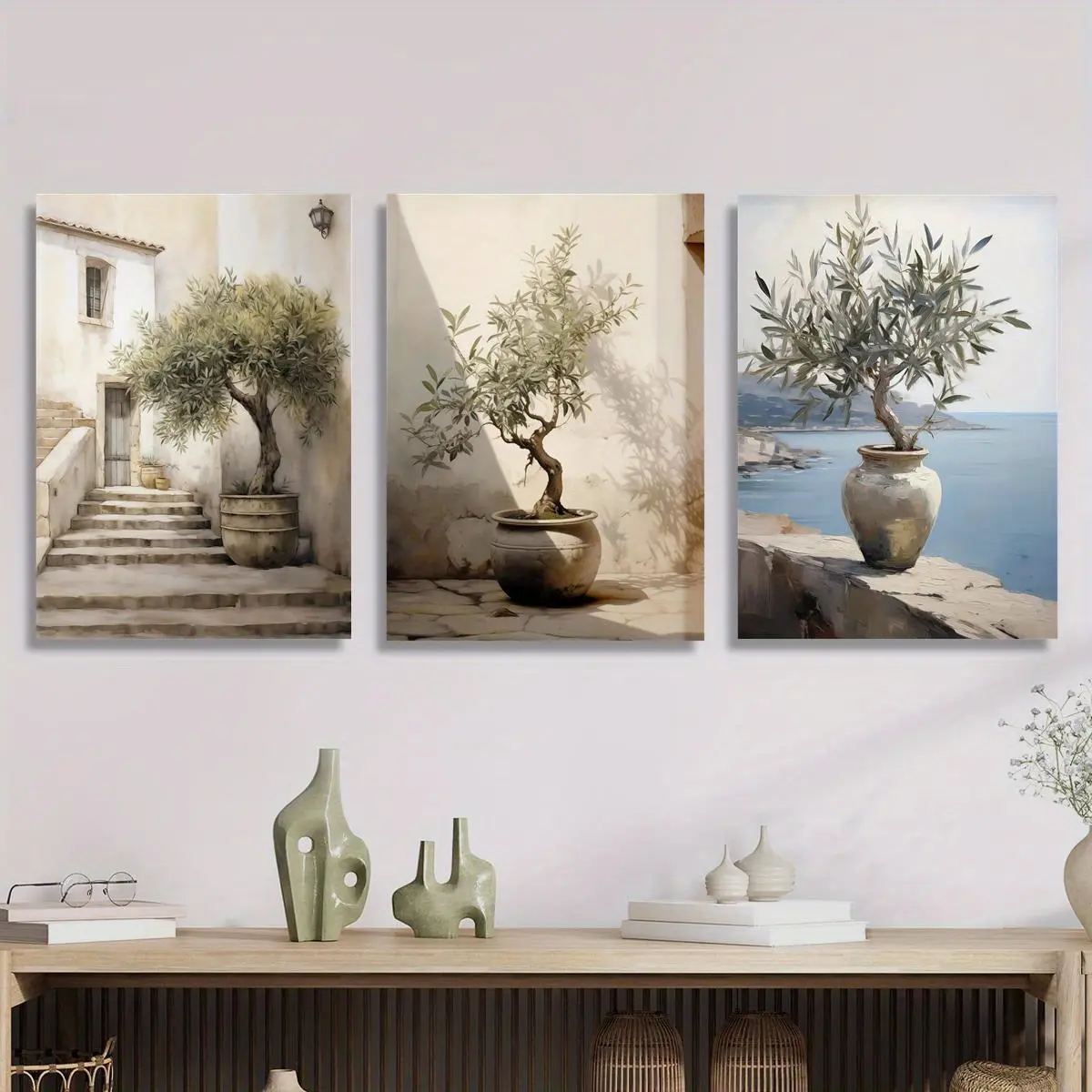 1Pc Set Of 3 Gallery Wrapped Wood Framed 2D Flat Canvas Wall Print, Modern Abstract Blue Landscape Wall Art Of Tuscany Beach And Olive Trees, Wall Decor For Home Walls -2D Flat Print
