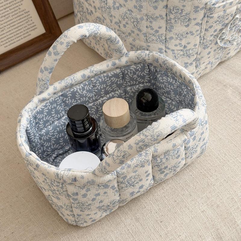 Flannel Peony Storage Basket, Floral Quilted Handheld Organizer, Desktop Living Room Bedroom Sorter, Cosmetic Bags