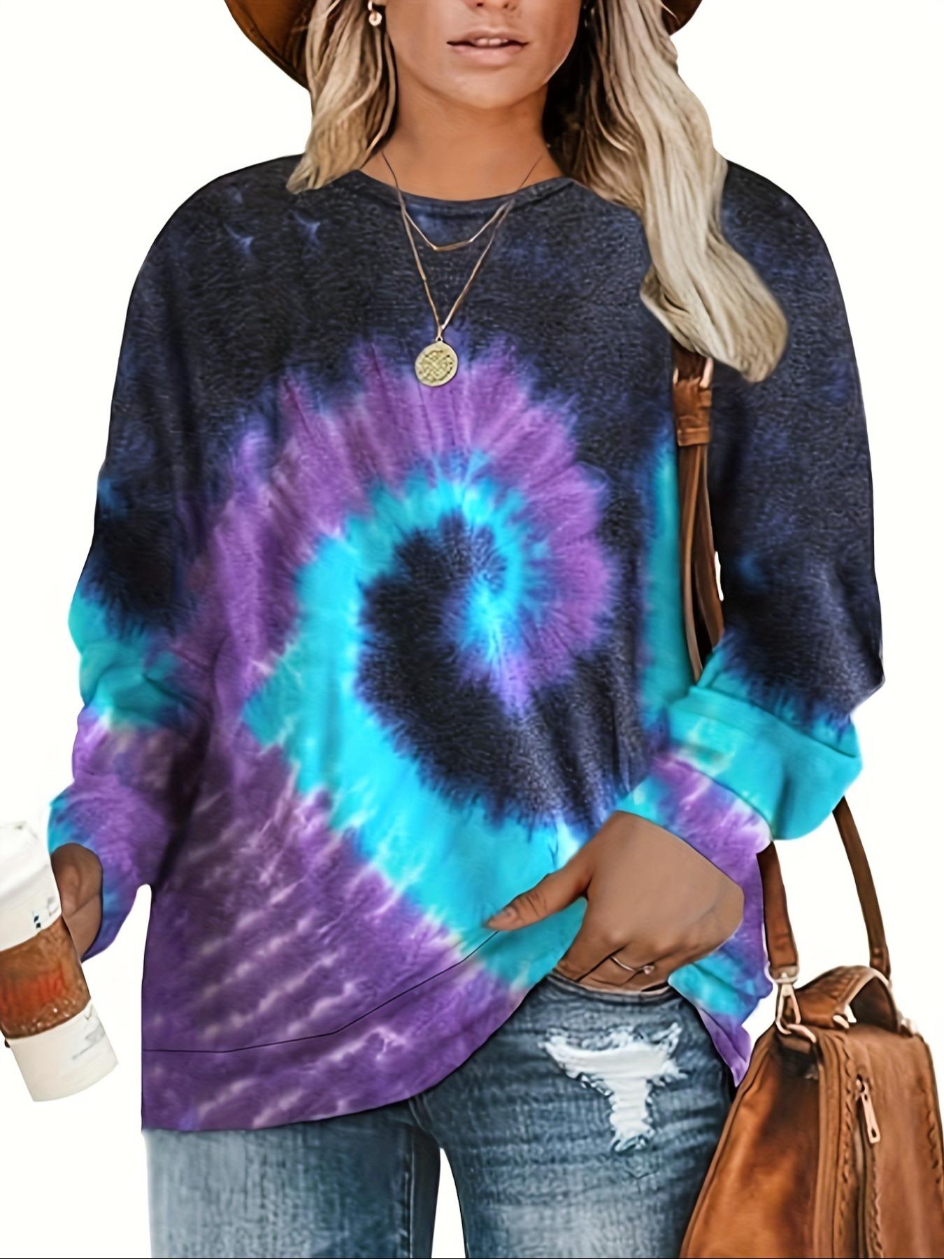 Plus Size Women's Tie Dye Long Sleeve Pullover T-Shirt, Fall/winter Vibrant Print, Round Neck, Polyester Blend