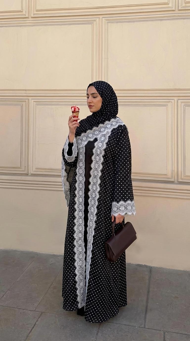 CL84 Elegant polka‑dot open abaya with matching hijab, delicate floral lace trim, soft premium‑quality fabric. White‑black and black‑white lace versions. Great for daily and formal occasions, ideal modest wear for hijabi women.