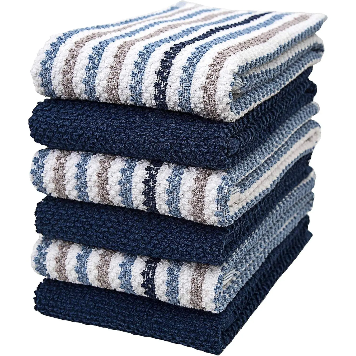 Premium Large Cotton Kitchen Towels (16”x 26”, 6 Pack) - 430 GSM Highly Absorbent Popcorn Striped Dish Tea Towels Set with Hanging Loop, Blue