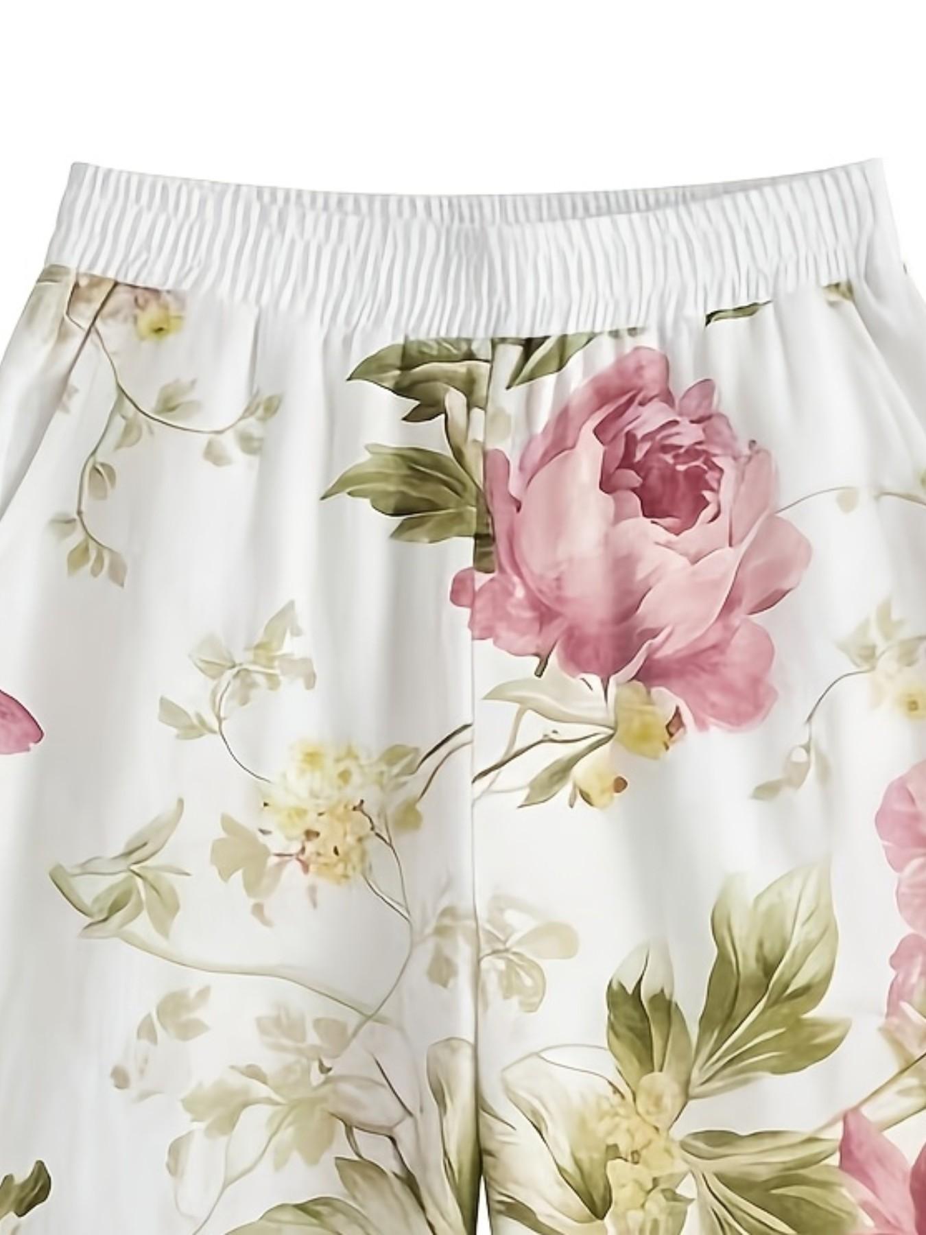 Women's Floral Print Casual Chic Boho Style Bohemian Wide Leg Long Pants with Elastic Waist, Comfortable Breathable Fabric, Ideal for Vacation, Home, Everyday Wear, Suitable for Spring, Summer, Fall, Boho Festival Trousers