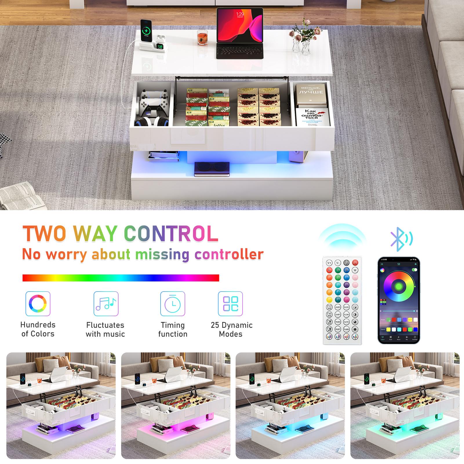 39.4"/47.2" Large Lift Top Coffee Table,Modern High Glossy LED Coffee Tables for Living Room with Storage,Black Living Room Tables for Living Room,Dining Room,Bedroom Home Office,APP LED Lights（Black/white）