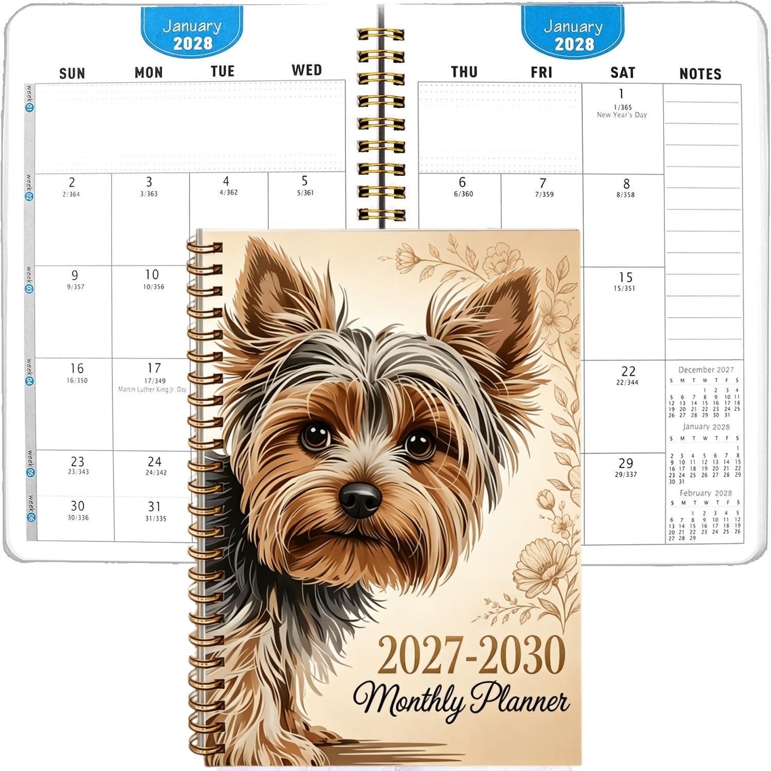 2027-2030 Monthly Custom Calendar - January 2027 to December 2030, four-year monthly custom, fun brown dog and floral themed cover notebook, annual calendar customization, month tabs, 48-month calendar, 13.97 x 21.08 cm thick paper