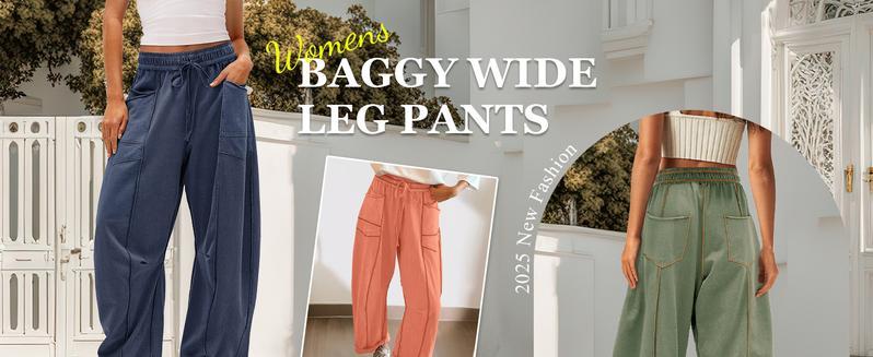 JovenPara Women's Baggy Barrel Pants Wide Leg Smocked Elastic Waistband Lounge Drawstring Trousers with Pockets Casual Streetwear Bottoms Womenswear