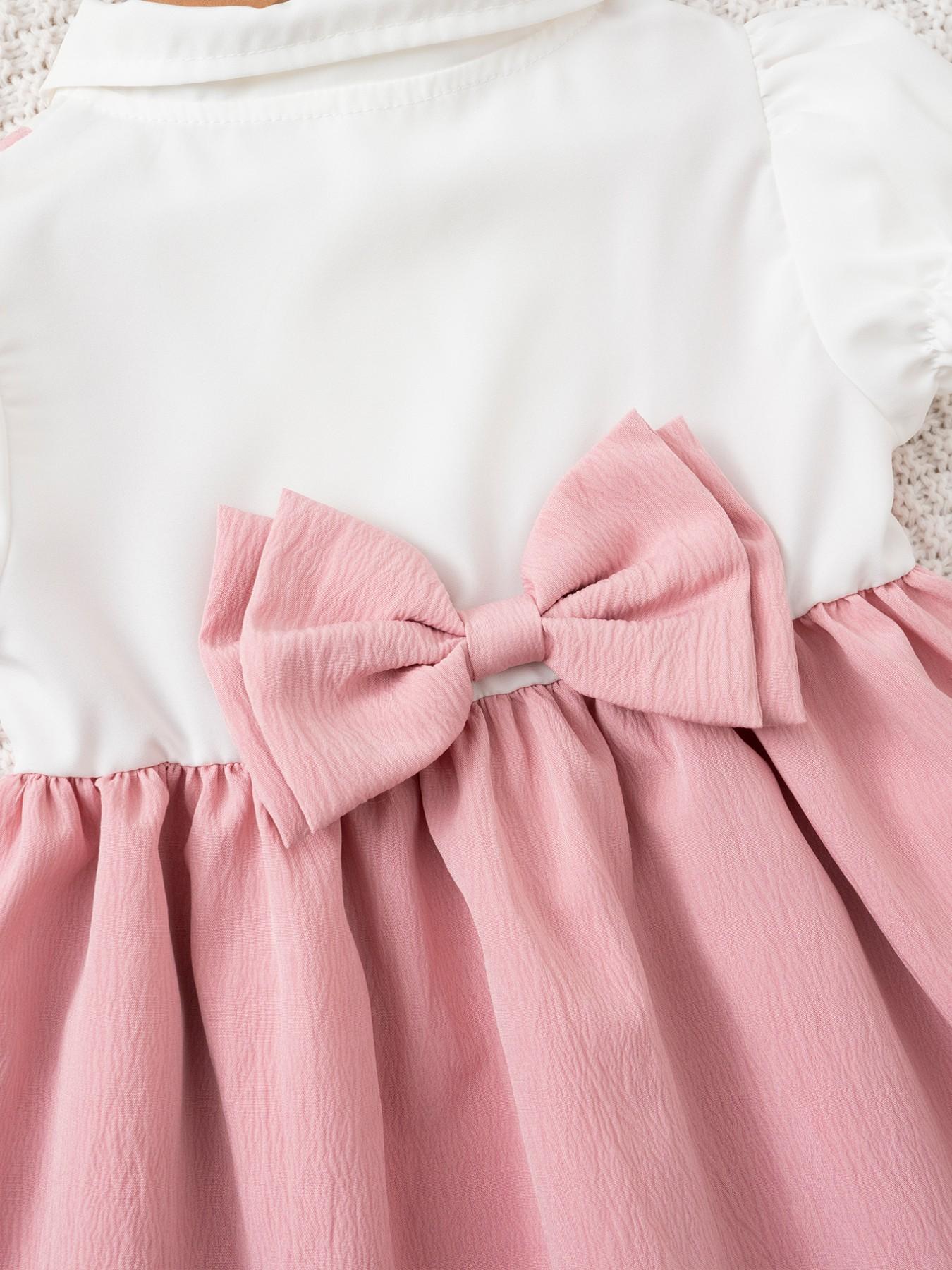 2pcs Girls' Summer Fashion Dress, Frilled Dress, Solid Colored Dress, Pure Color Princess Style, Sweet and Cute Design, Lapel Collar, Casual Wear for Kids