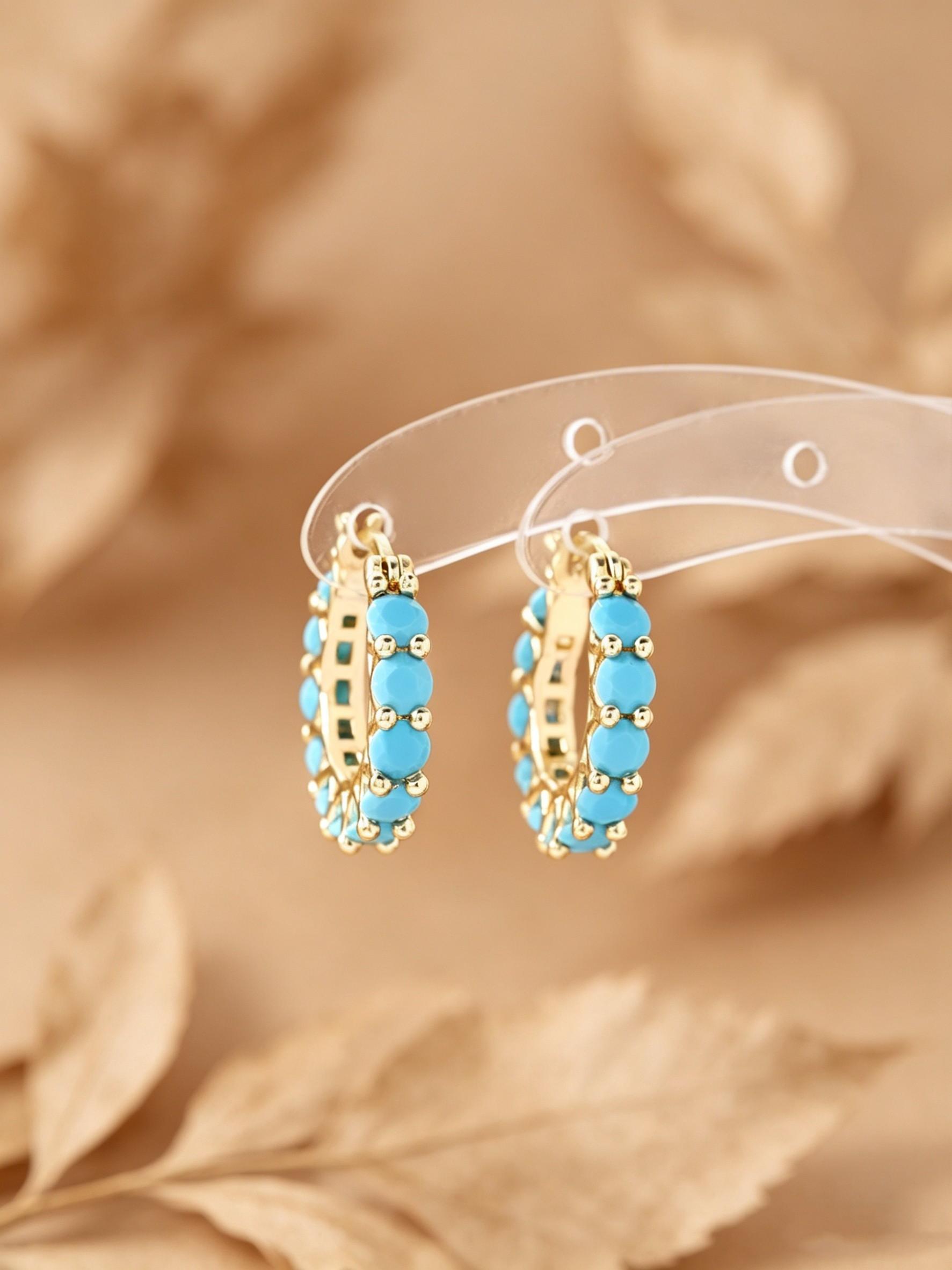 Vintage Round Earrings, Unique Design Lake Blue Stone Studs, Daily Wear Beach Vacation High-End Jewelry, Elegant and Stylish Accessories