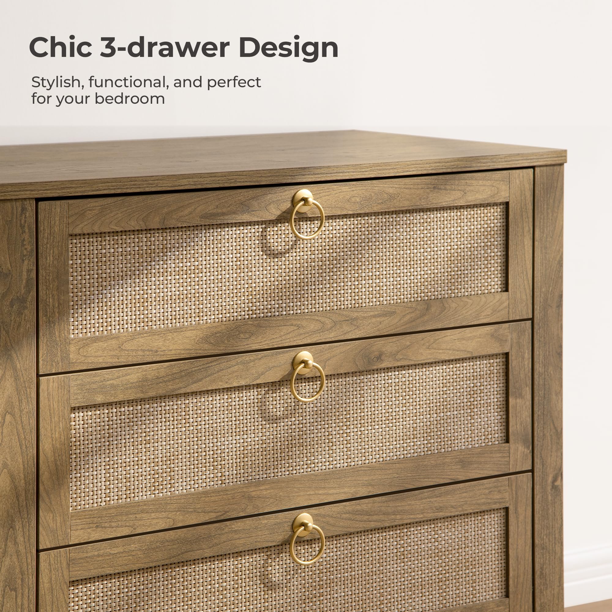 SICOTAS White Night Stand with Drawers - 15.55"D x 26.78"W x 25.67"H Rattan Bedside Table with Golden Handle, 3 Drawers Nightstand Side Table Boho Nightstand for Bedroom, Perfect for Any Bedroom, Durable and Stable SICOTAS White Night Stand with Drawers - 15.55"D x 26.78"W x 25.67"H Rattan Bedside Table with Golden Handle, 3 Drawers Nightstand Side Table Boho Nightstand for Bedroom, Perfect for Any Bedroom, Durable and Stable