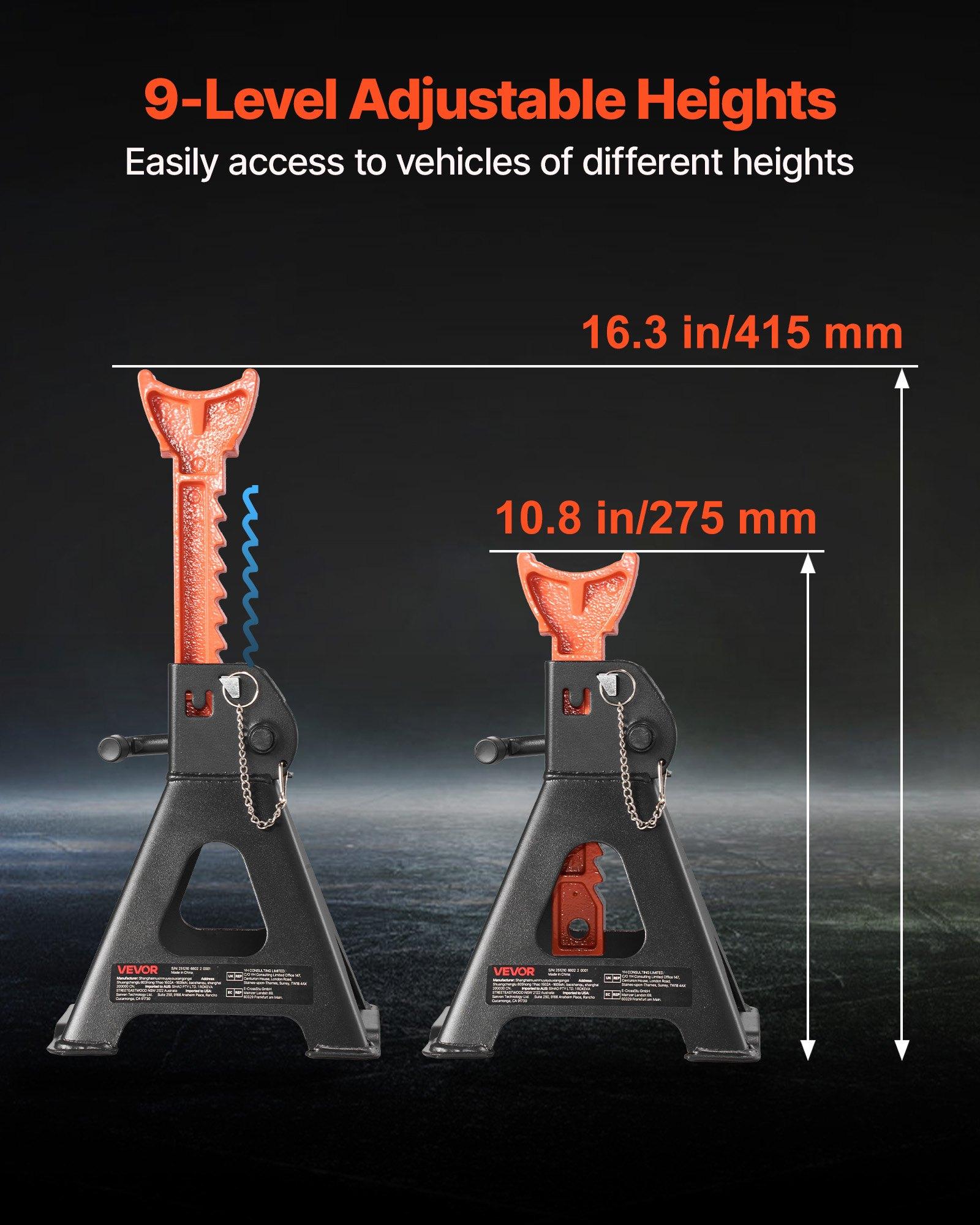 VEVOR Jack Stands, 3 Ton (6, 600 lbs) Capacity, 10.8-16.3 in Adjustable Height, Heavy Duty Steel Jack Auto Stands with Double Locking, for Lifting SUV, Pickup, Car, UTV/ATV, 1 Pair, Black and Orange