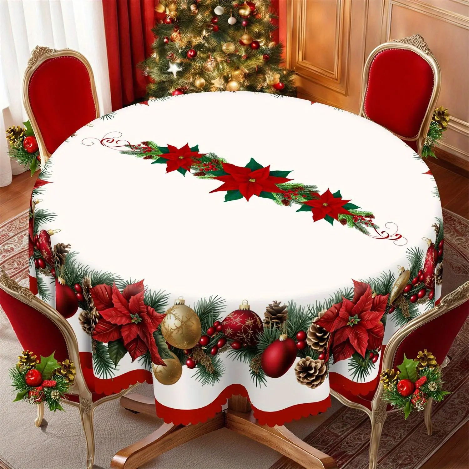 Large Round Christmas Tablecloth, Snowman Snowflake Print, Waterproof Stain-Resistant, Decorative Holiday Atmosphere Tablecloth