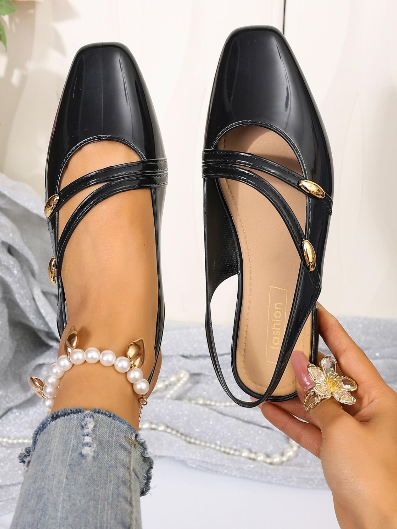 2026 Summer High-End Glossy Leather Mary Jane Shoes, Square Toe Backless Cross Strap Metal Buckle Low Heel Flat Sandals, Office Date Elegant Versatile Women's Shoes