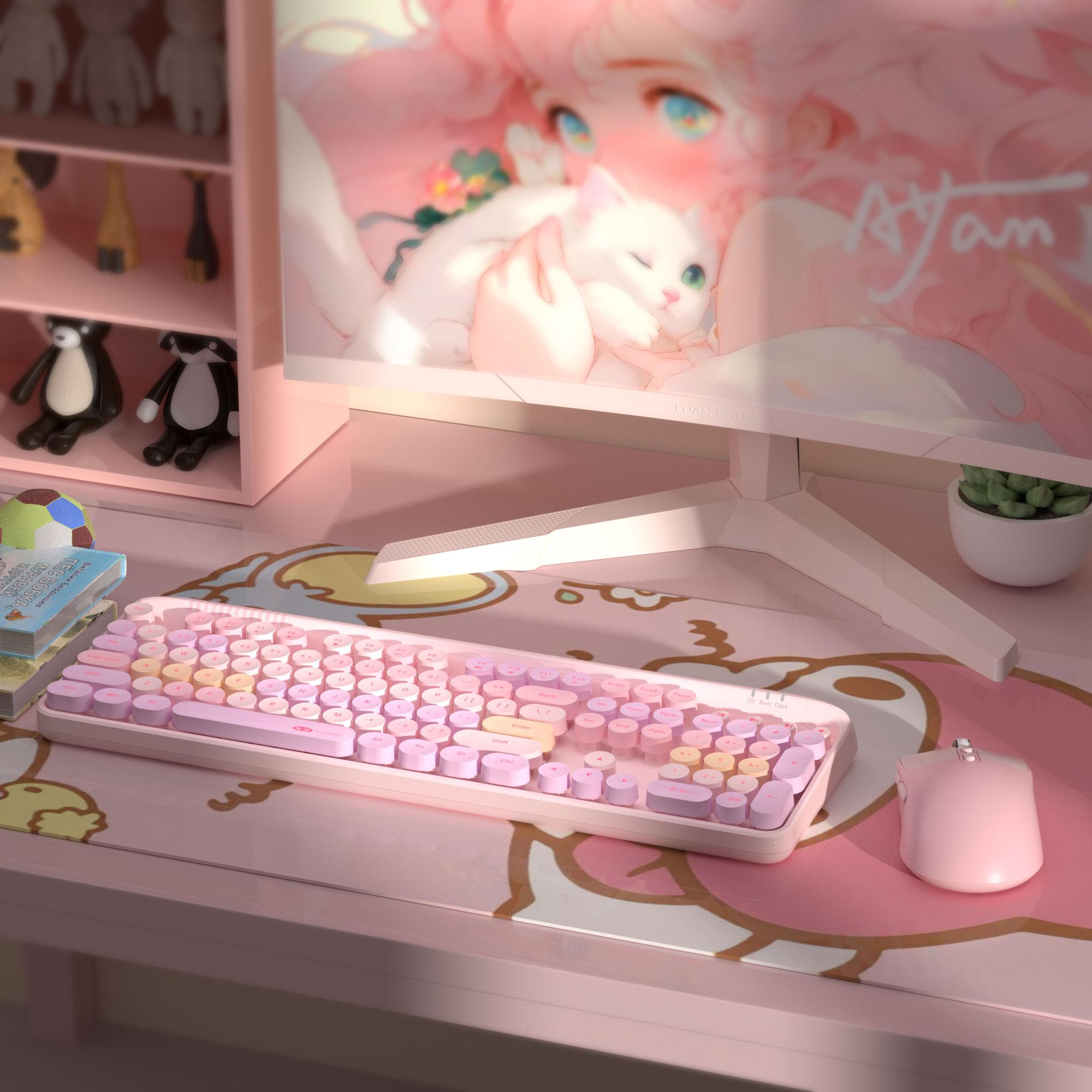 Wireless Keyboard and Mouse Combo Round keycaps Retro Typewriter Keyboard 104 Key Full-Sized Keyboard Automatic Power Saving 2.4GHz Wireless Connection for Mac/Windows/PC