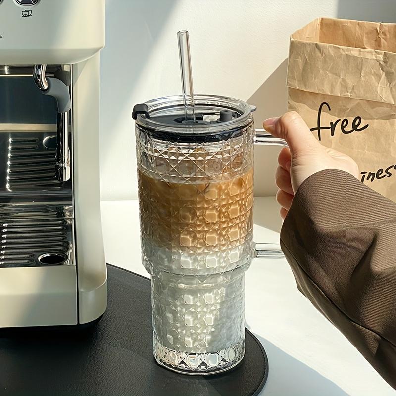 1PC 530ml/18oz Large Capacity Straw Cup with Lid, Fashionable INS Style Summer Iced Coffee Cup, Reusable Drinking Cup, Suitable for Coffee, Tea, Whiskey, American Espresso and Latte, Clear Mug Drinkware, Beverage Cup, Glassware, Tumbler