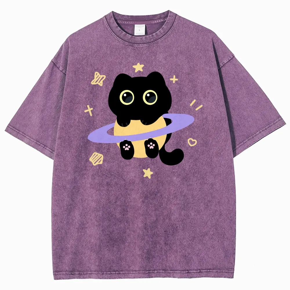 Unisex Cute Black Cat Sitting on Saturn Planet Space Cartoon Graphic Washed T-Shirt Personalized Pattern Y2k Clothing Round Neck Washed T-Shirt,Women's Clothing 100% Cotton, Menswear, Top, Vintage Style,Summer Casual Oversized