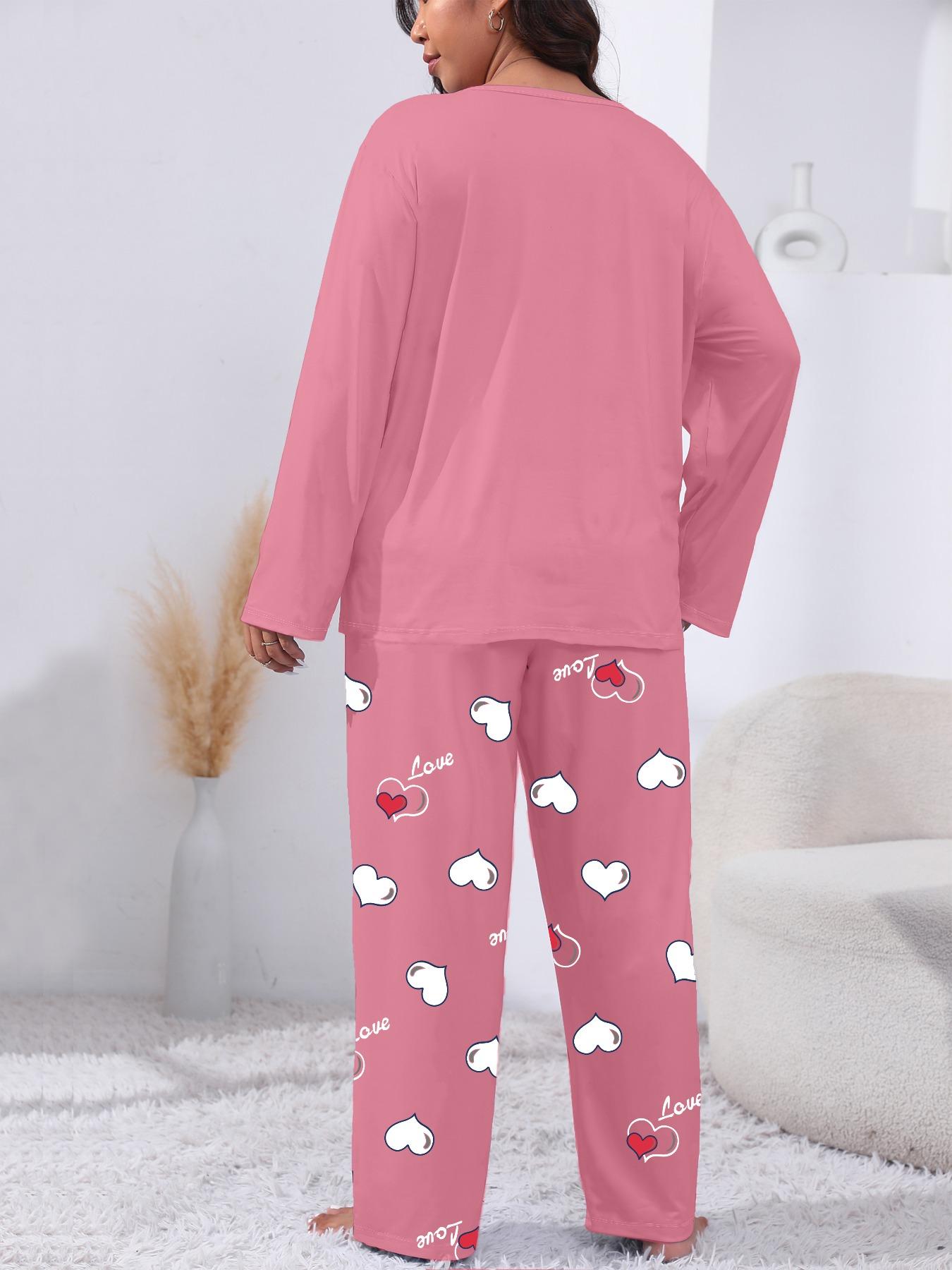 Plus Size Heart Letter Print Comfortable 2-Piece Set, Casual Long Sleeve Pajama Pants Suit, All Seasons Fitted Knit Fabric Loungewear, Nightwear
