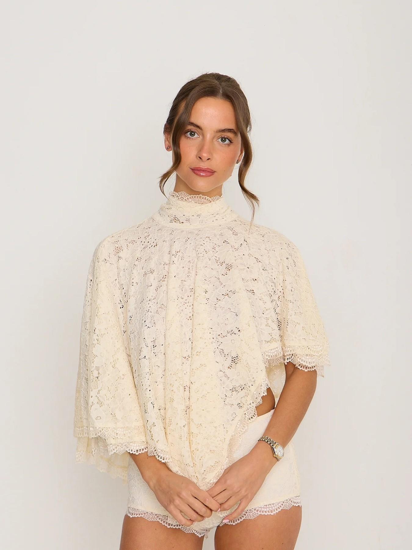 Cream Lace Half-Neck Cape Short Sleeve Top, Loose Batwing Sleeves, French Style, Chic, Versatile for Multiple Occasions