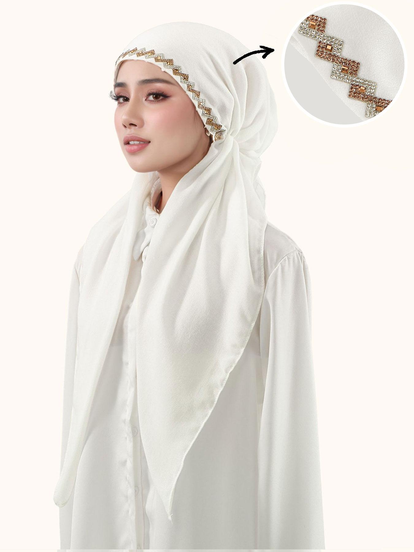 Women's Fashion Plain Plaid Rhinestone Headscarf, Elastic Cap, Stretchy Hijab, Sun Protection Breathable Jersey Hijab, Suitable for All Occasions