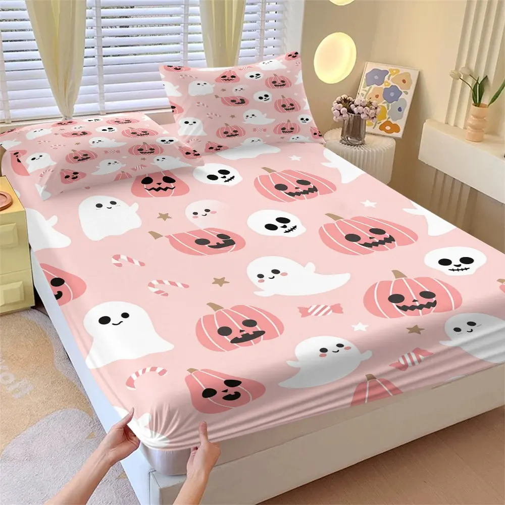 Cute Cartoon Halloween Bed Sheet Set, Q Version Ghost Pumpkin Skull Full Mattress Cover, Sweet Cool Festival Bedding, Bed Linens, Twin Pillowcase