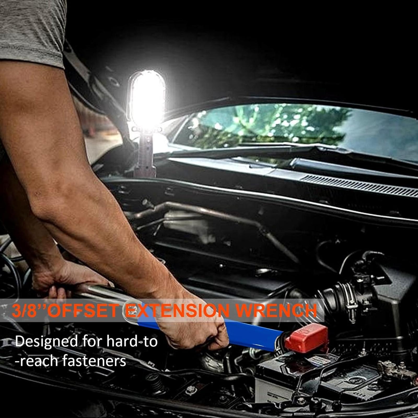3/8 Inch Offset Extension Wrench,15 Inch Impact Ready Socket Wrench Extender Tool Set with 1/2", 1/4" and 3/8" Square Drive Adapters, Zero Degree Ratchet Tool for Car Blue, Multifunctional Wrench Set, Car Repair Tools