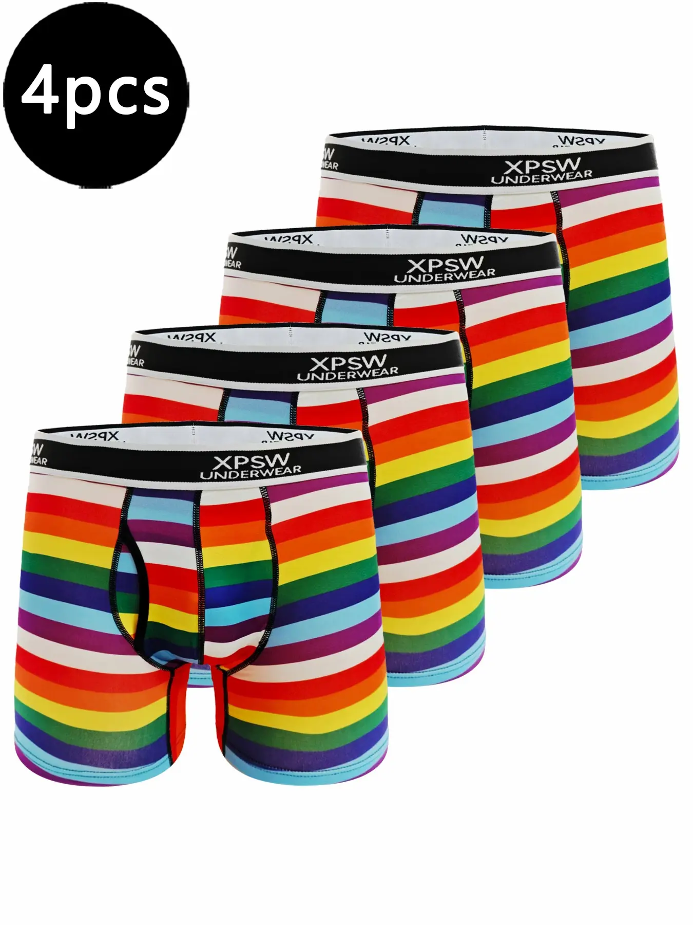 Men's Premium Slim-Fit Long-Leg Boxer Trunks (4-Pack) featuring a vibrant rainbow stripe print and open-fly design. Soft, comfortable, and form-fitting, they offer a unique style ideal for cycling, swimming, sports, and daily casual wear