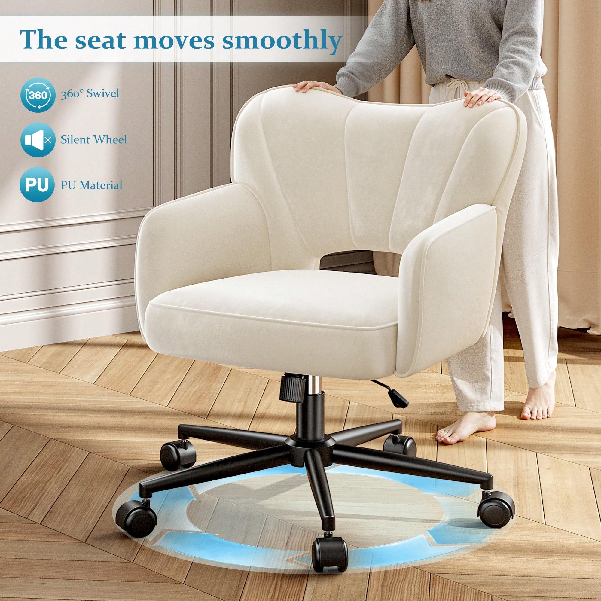 Vanity Swivel Chair with Wheels and Backrest, Adjustable Height Comfy Upholstered Desk Chair, Modern Cute Ergonomic Office Chair, 360° Swivel Leisure Makeup Chair for Bedroom Dressing Room Home Office, Black