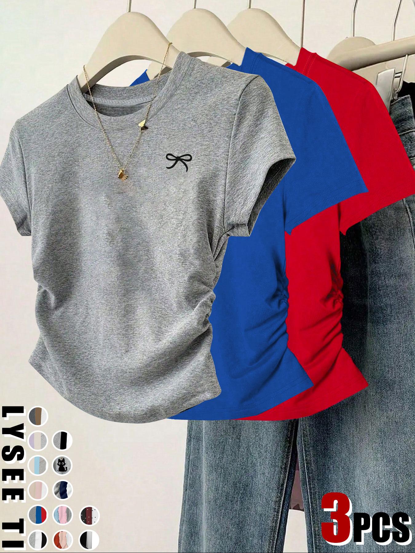 3pcs/1pc women's casual fashion slim fit small bow print details simple solid color pleated pullover shirt women's round neck short sleeved three piece T-shirt