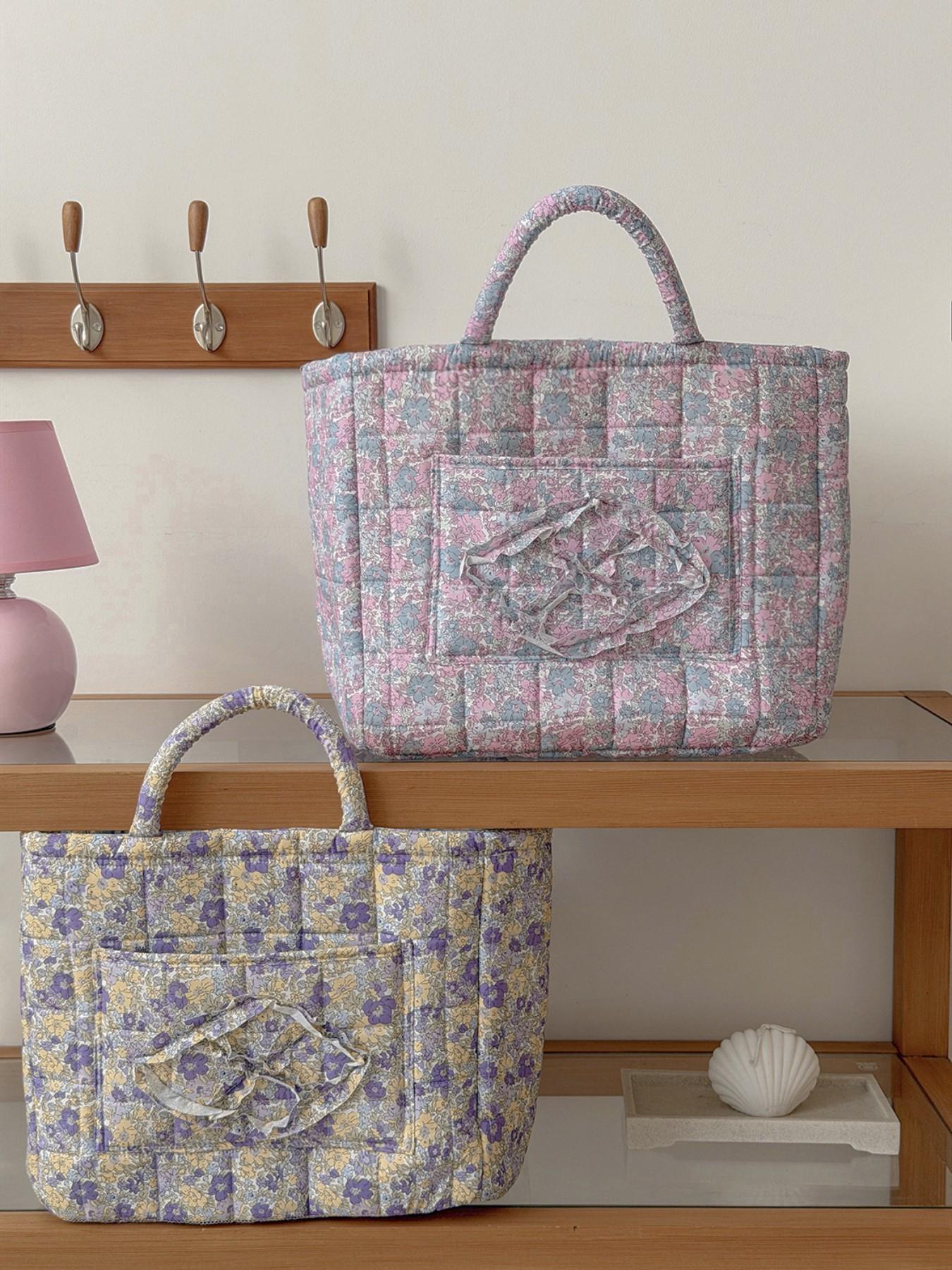 Large capacity floral quilted storage basket with plaid lining and multi-purpose organizer to store makeup, toiletries and daily essentials, perfect for bedrooms, bathrooms, offices and travel