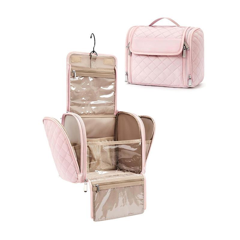 Portable Diamond Pattern Makeup Bag, Layered Large Capacity Design, Hangable Storage for Various Items, Convenient and Stylish