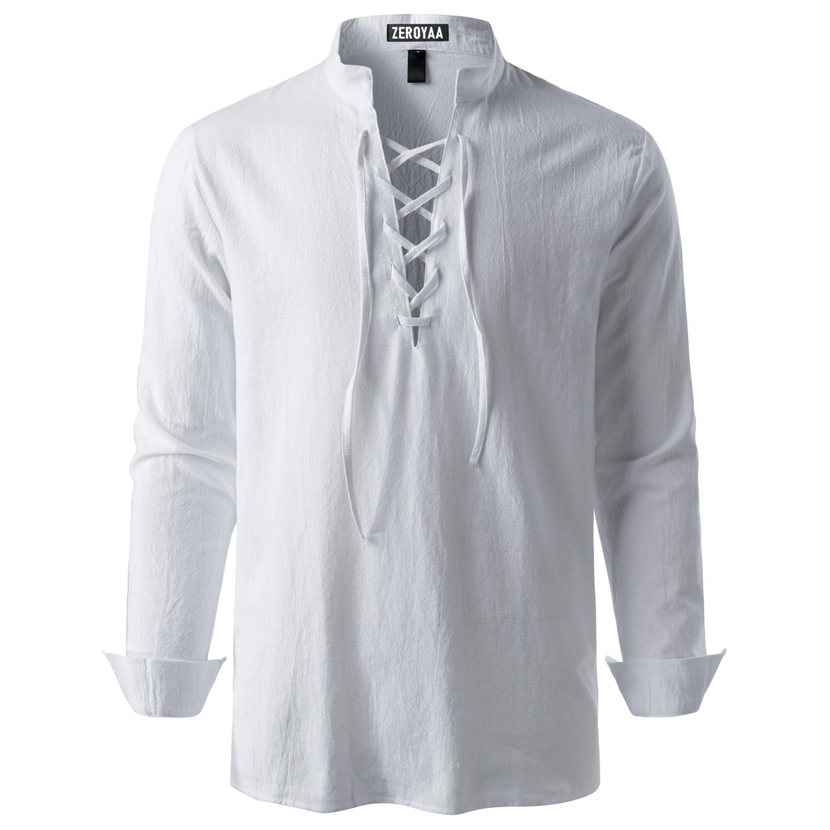 ZEROYAA Men's Medieval Vintage Long Sleeve Lace Up Shirt Renaissance Costume for Halloween Viking Pirate Cosplay Casual Menswear Funny Shirts Cotton High Quality Beige V-Neck Banded Collar Roll-up Sleeves ZEROYAA Men's Medieval Vintage Long Sleeve Lace Up Shirt Renaissance Costume for Halloween Viking Pirate Cosplay Casual Menswear Funny Shirts Cotton High Quality Beige V-Neck Banded Collar Roll-up Sleeves